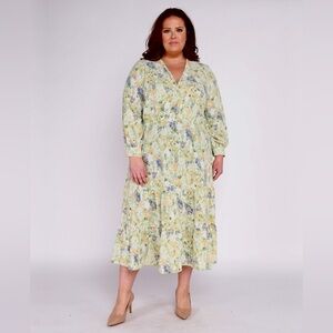 Black Tape Blue Yellow Green Floral Faux Wrap Surplice Neck Lined Dress Size 3X